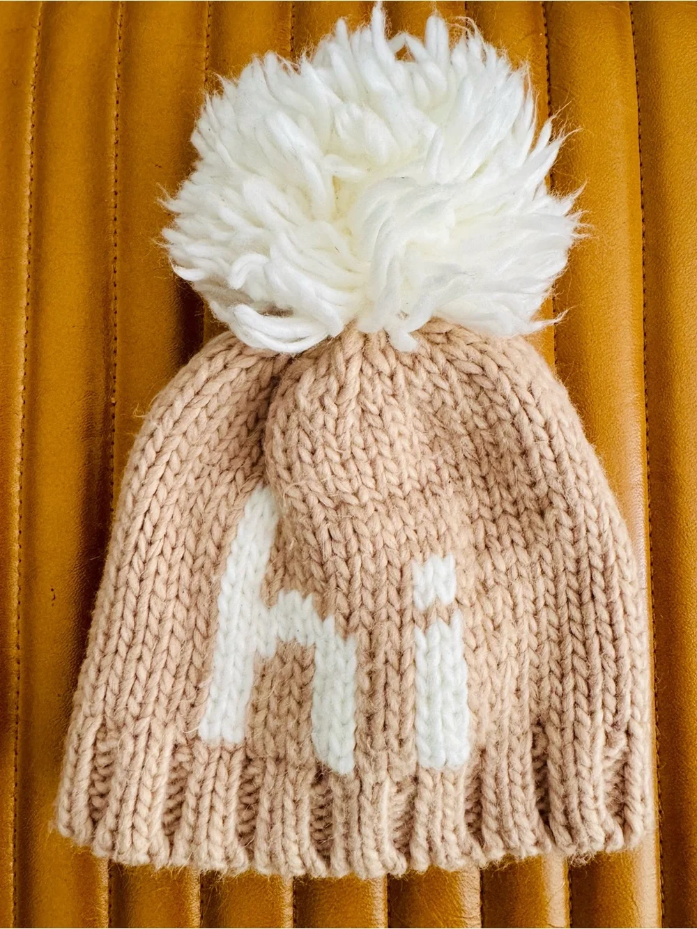 Kids Pom-Pom Knit Beanie - Cream & Tan